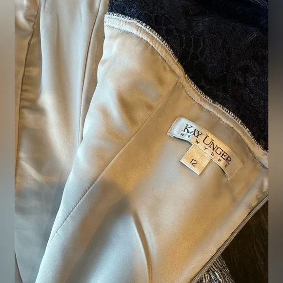 Kay Unger Sheath Dress Navy Blue Lace and Pewter Tweed Womens Size 12 - Picture 13 of 16